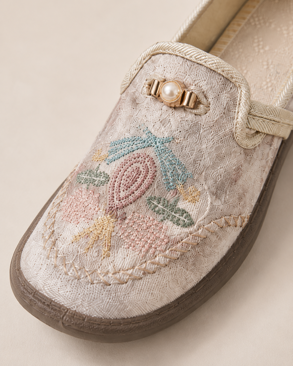 Women’s Floral Embroidered Loafers with Pearl Accents in Beige 03