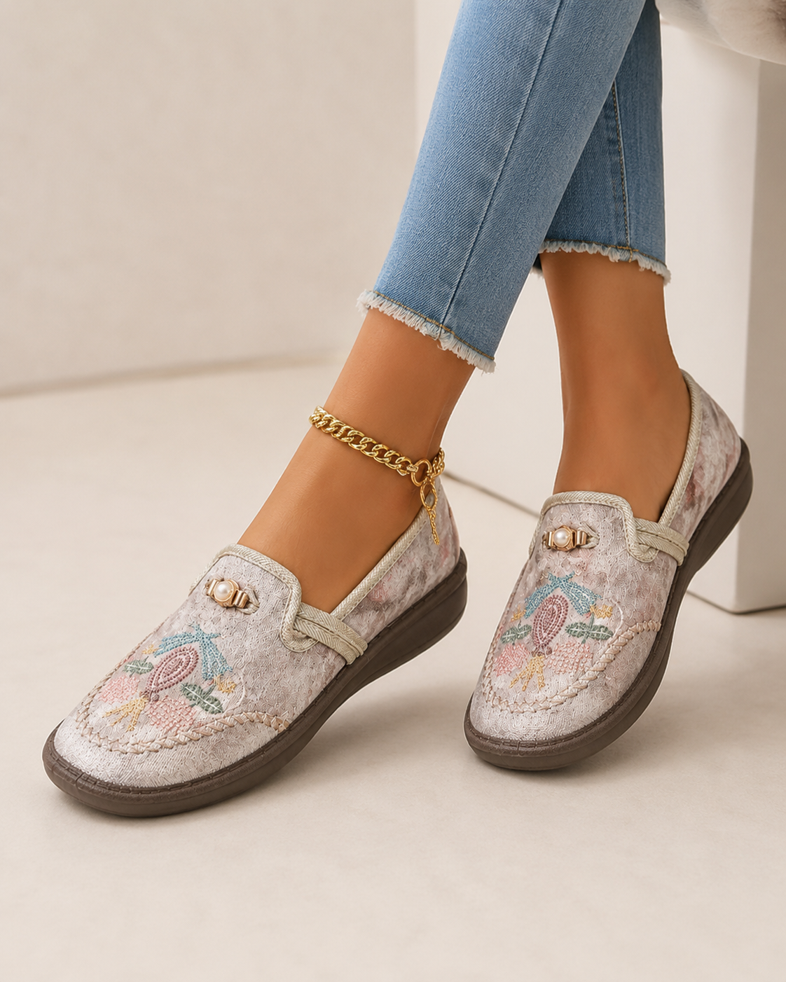 Women’s Floral Embroidered Loafers with Pearl Accents in Beige 04