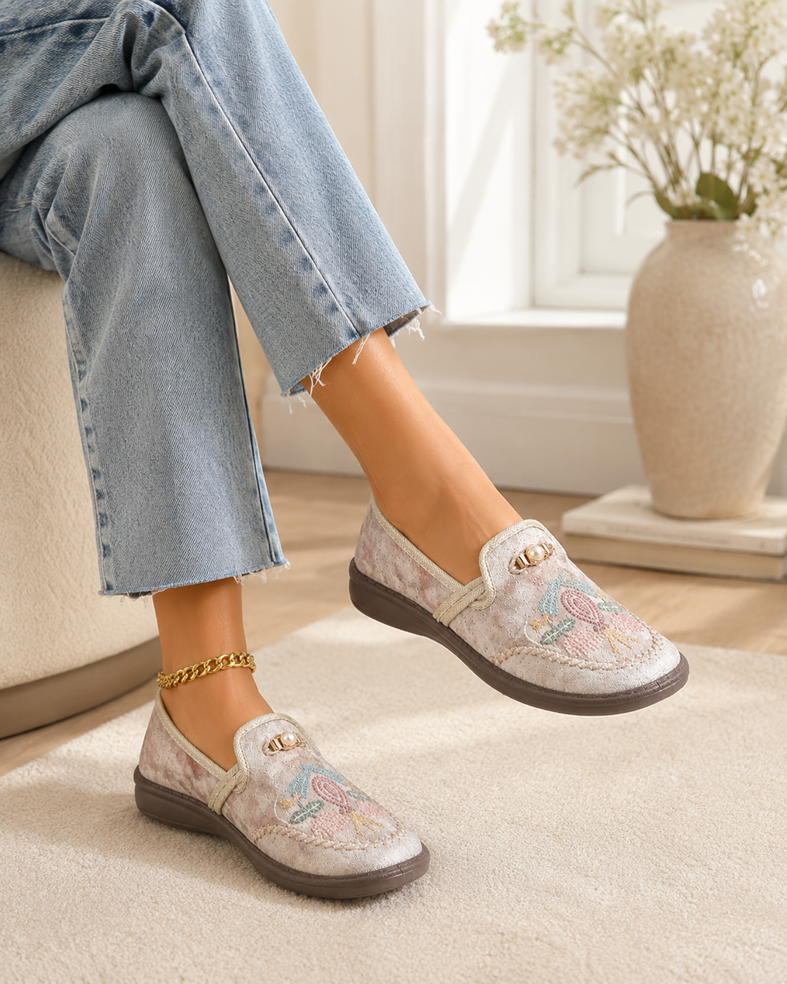 Women’s Floral Embroidered Loafers with Pearl Accents in Beige 05