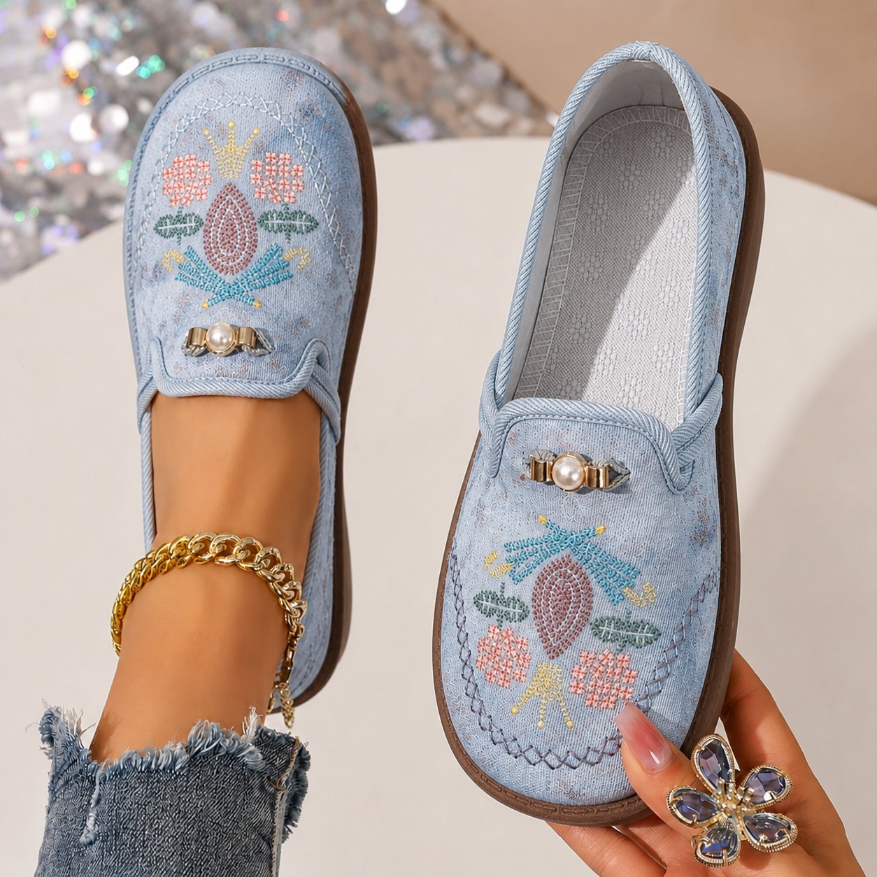 Women’s Floral Embroidered Loafers with Pearl Accents in Beige 1