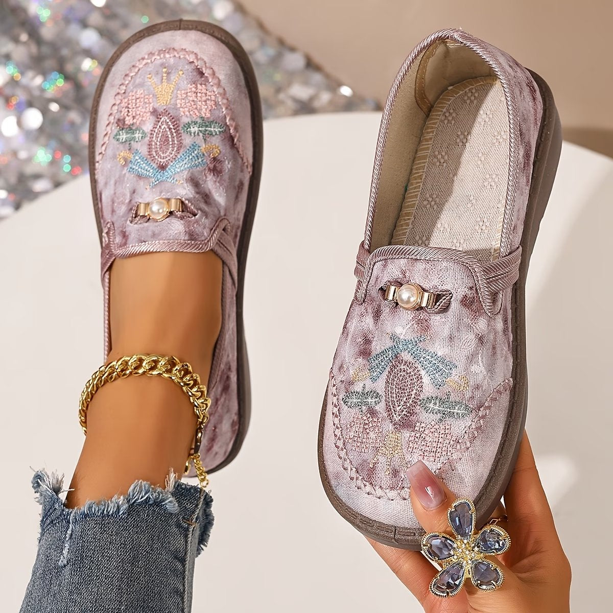 Women’s Floral Embroidered Loafers with Pearl Accents in Beige 2