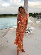 Women’s Floral Maxi Dress in Lightweight Fabric with Ruffle V-Neck and Cutout Waist 0
