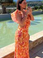 Women’s Floral Maxi Dress in Lightweight Fabric with Ruffle V-Neck and Cutout Waist 2