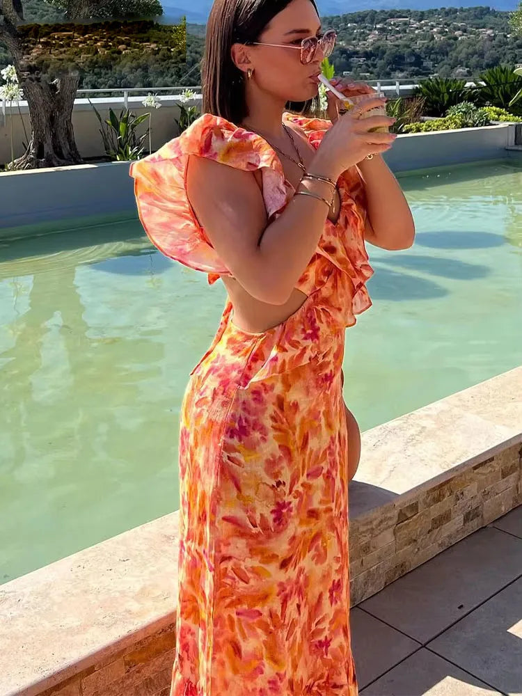 Women’s Floral Maxi Dress in Lightweight Fabric with Ruffle V-Neck and Cutout Waist 2