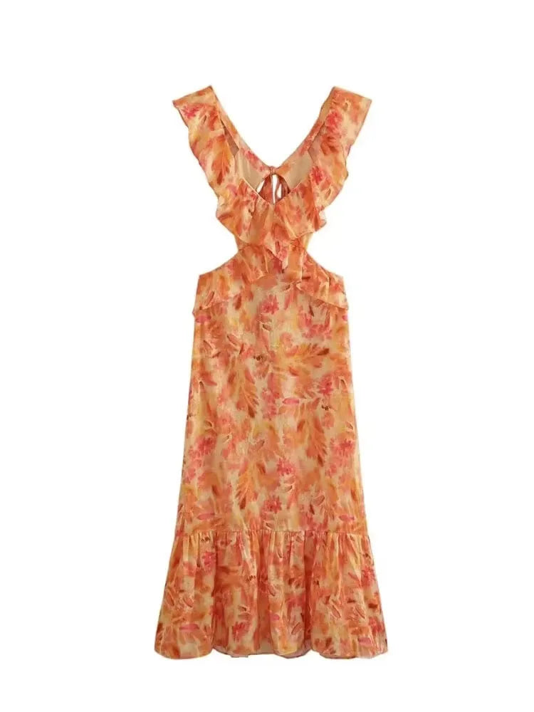Women’s Floral Maxi Dress in Lightweight Fabric with Ruffle V-Neck and Cutout Waist 3