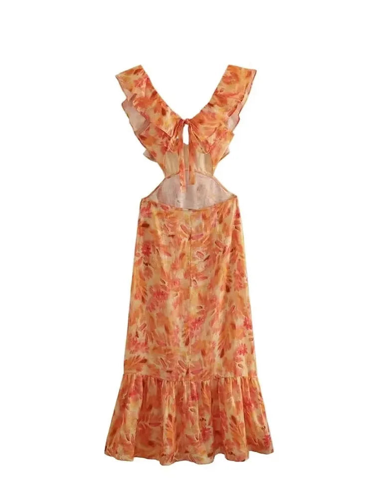 Women’s Floral Maxi Dress in Lightweight Fabric with Ruffle V-Neck and Cutout Waist 4