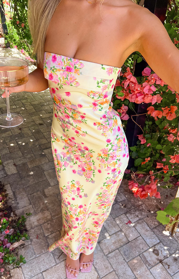 Women’s Floral Maxi Dress in Yellow with A-Line Skirt 0