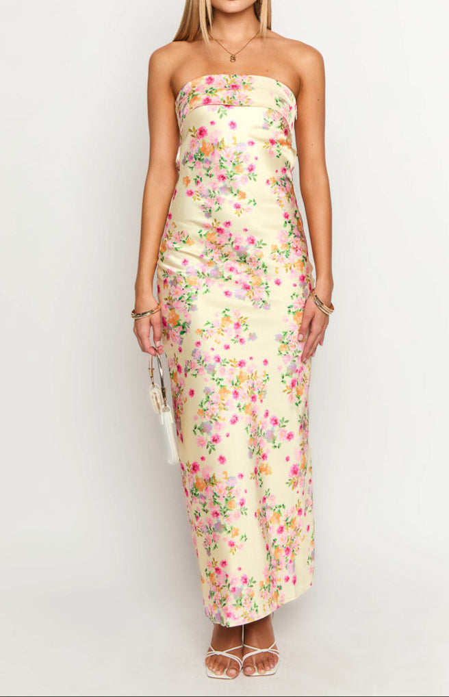 Women’s Floral Maxi Dress in Yellow with A-Line Skirt 2