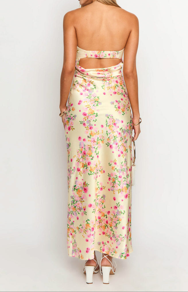 Women’s Floral Maxi Dress in Yellow with A-Line Skirt 4