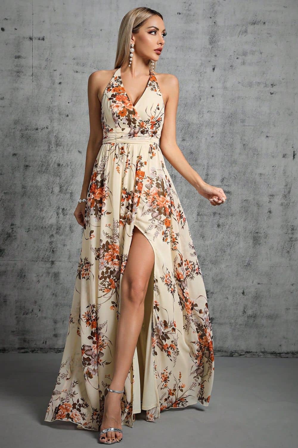 Women’s Floral Maxi Dress with Backless Design and High Waist 0