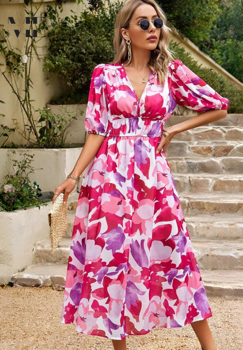 Women’s Floral Midi Dress in Lightweight Fabric with V-Neck and Puff Sleeves 10