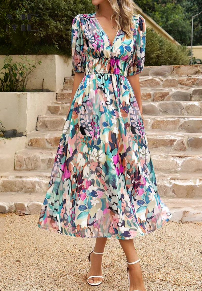 Women’s Floral Midi Dress in Lightweight Fabric with V-Neck and Puff Sleeves 3