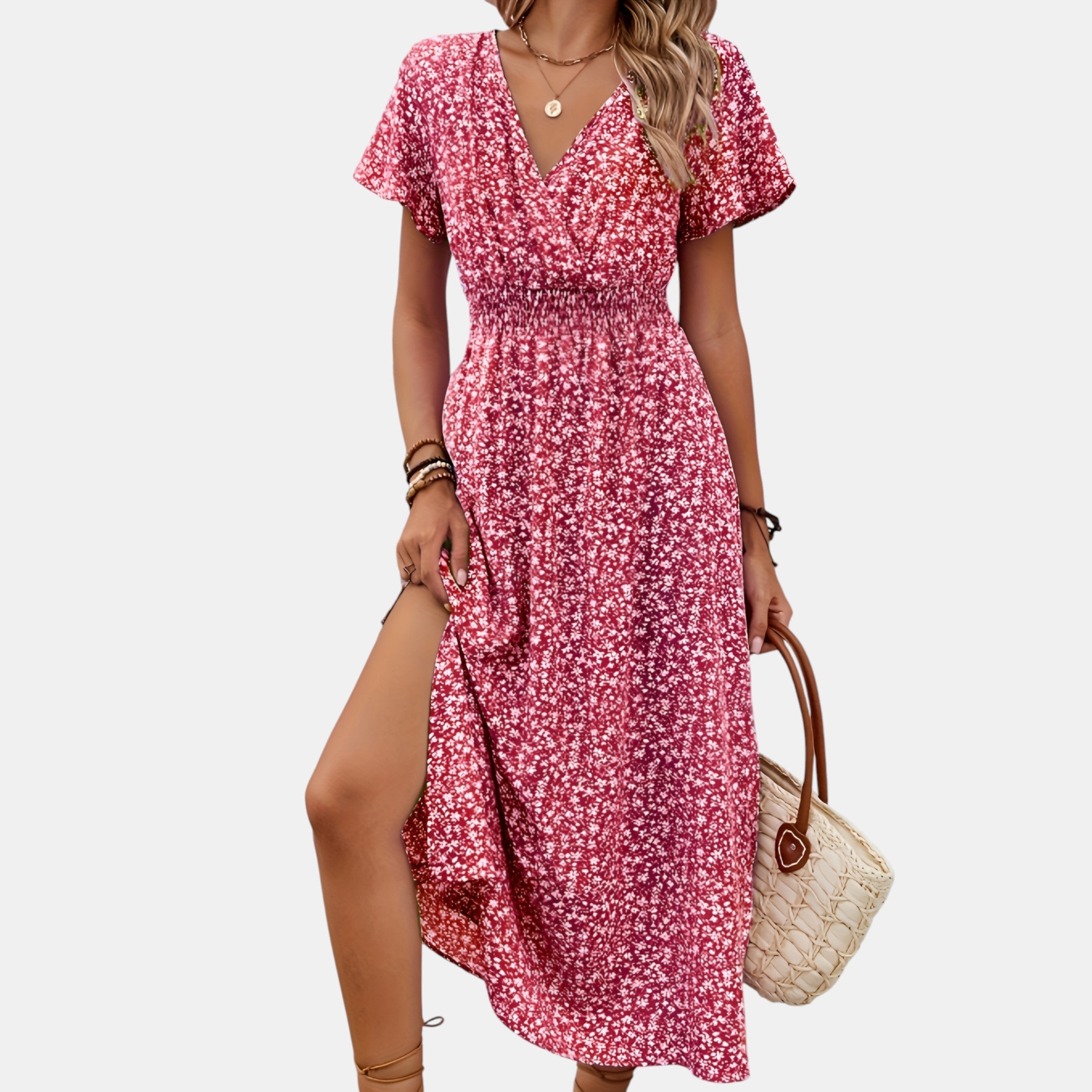 Women’s Floral Midi Dress with Flutter Sleeves and V-Neckline 1