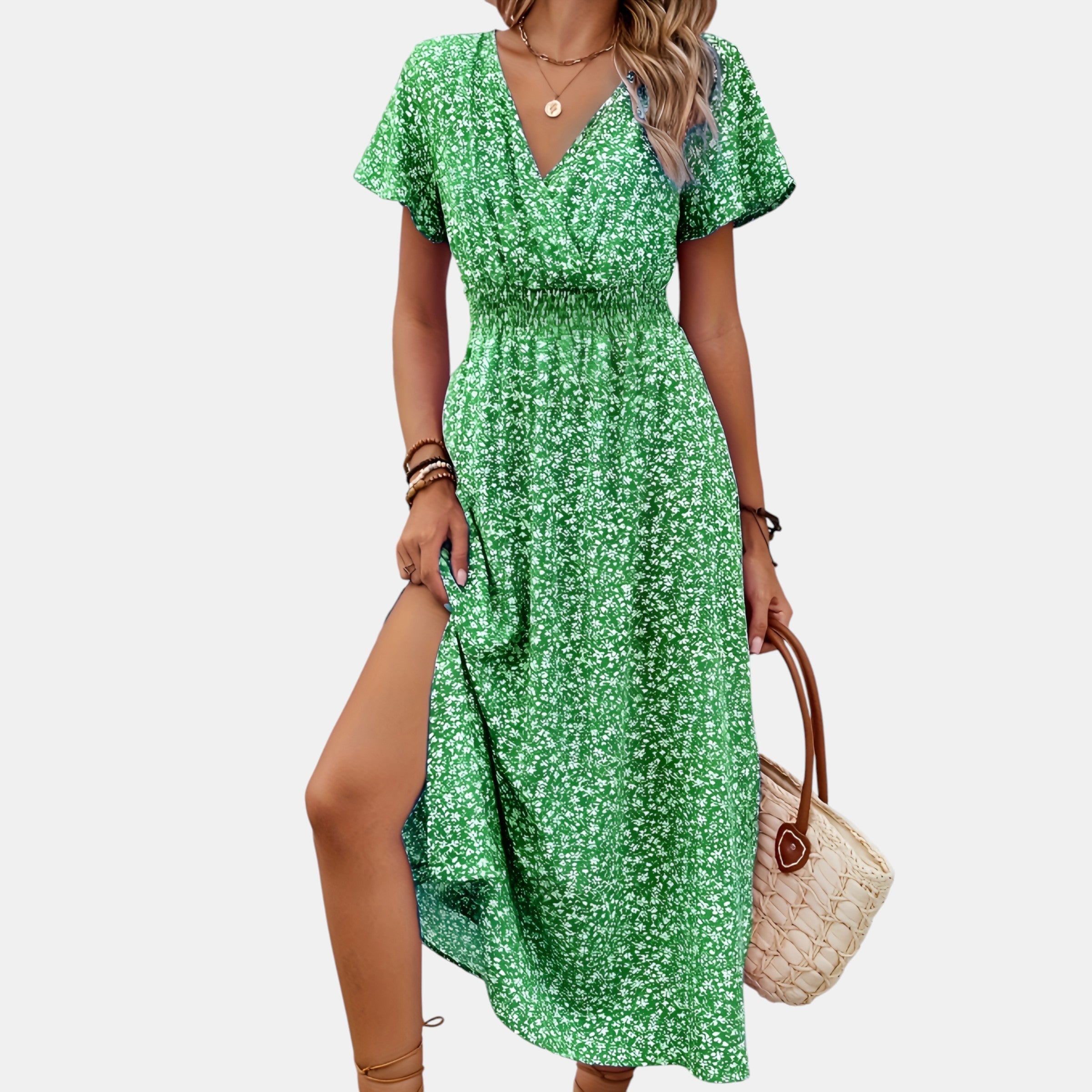 Women’s Floral Midi Dress with Flutter Sleeves and V-Neckline 2