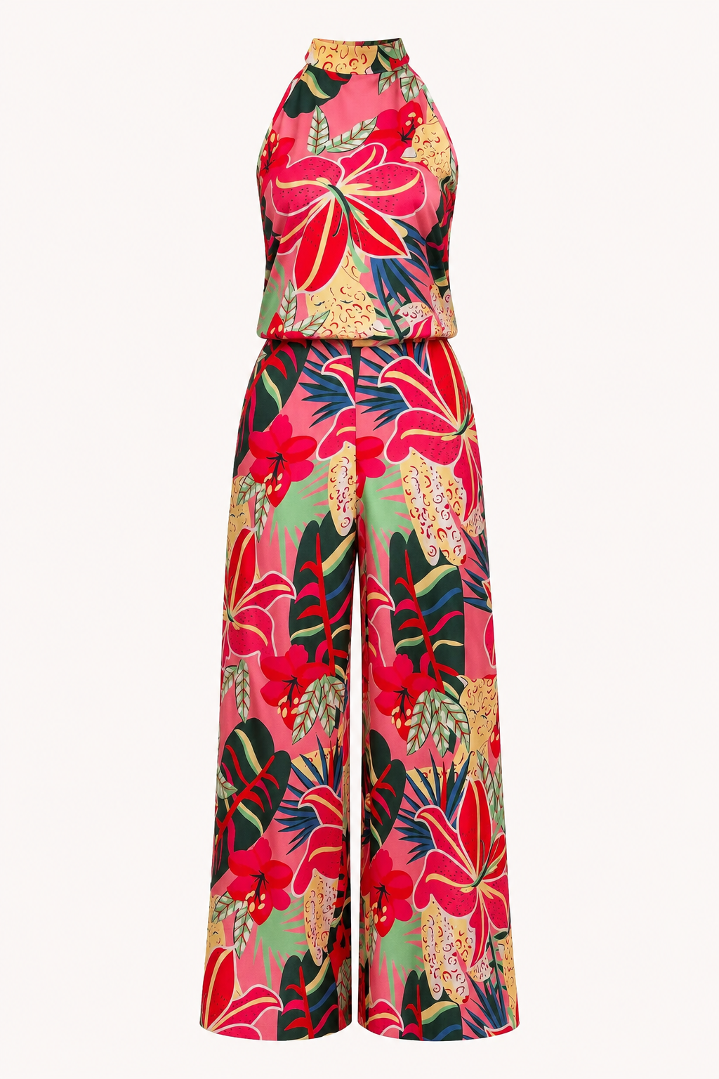 Women’s Floral Two-Piece Set with Sleeveless Halter Top and Wide Leg Pants 0
