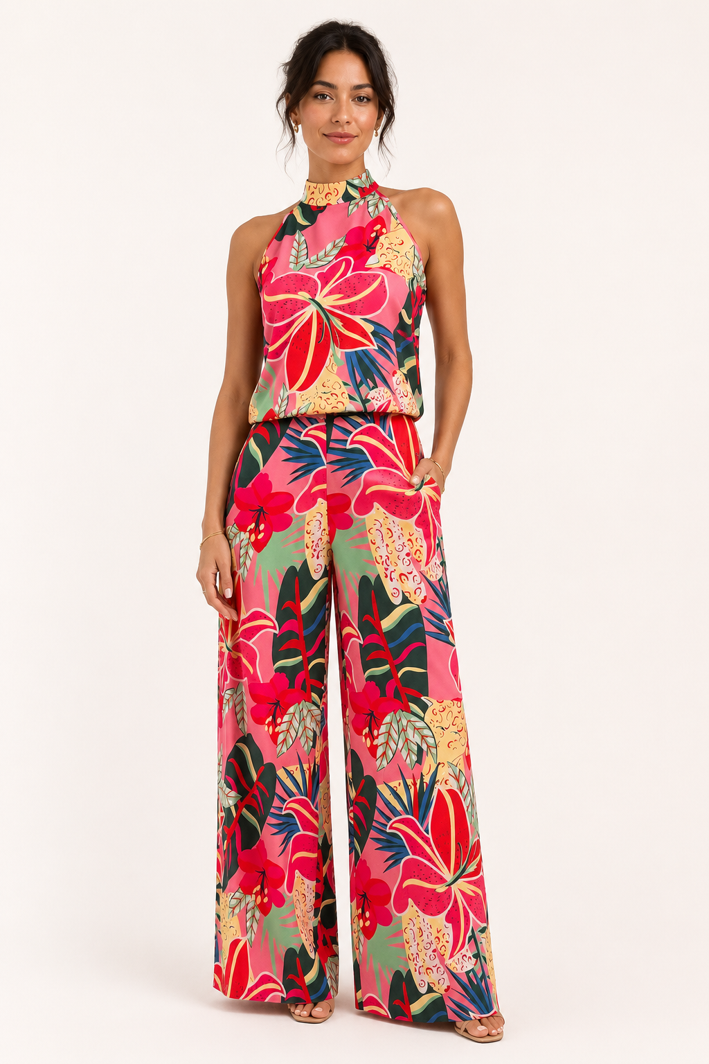Women’s Floral Two-Piece Set with Sleeveless Halter Top and Wide Leg Pants 1