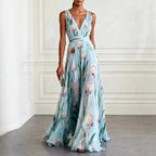 Women’s Floral Watercolor Maxi Dress in Chiffon with V-Neck and Sash Waist for Weddings 0