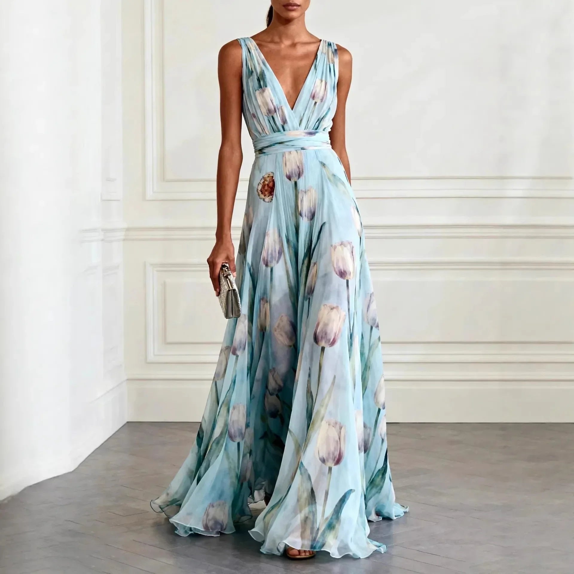Women’s Floral Watercolor Maxi Dress in Chiffon with V-Neck and Sash Waist for Weddings 0