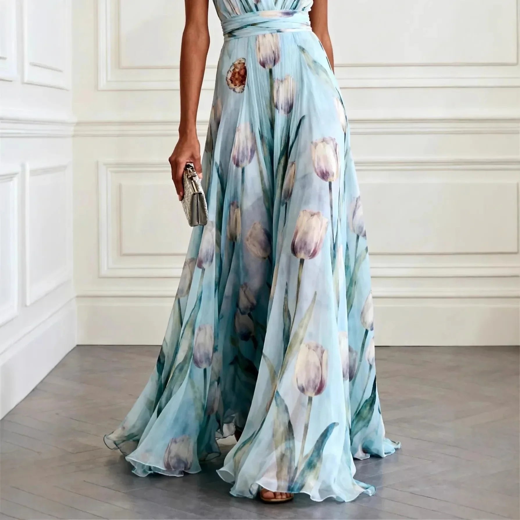 Women’s Floral Watercolor Maxi Dress in Chiffon with V-Neck and Sash Waist for Weddings 1