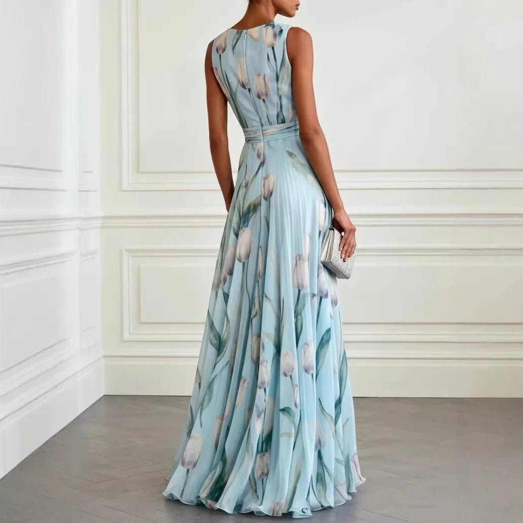 Women’s Floral Watercolor Maxi Dress in Chiffon with V-Neck and Sash Waist for Weddings 2