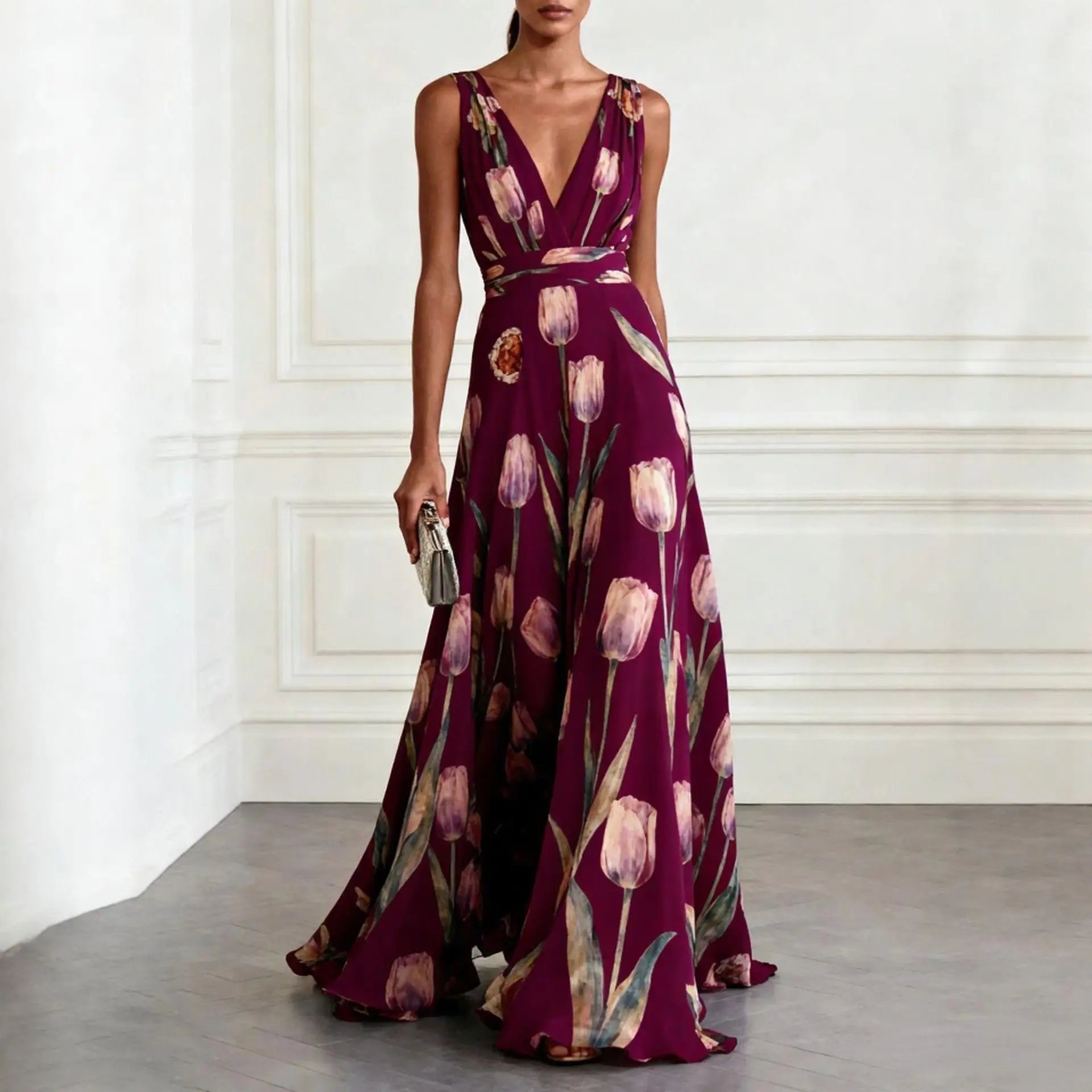 Women’s Floral Watercolor Maxi Dress in Chiffon with V-Neck and Sash Waist for Weddings 3