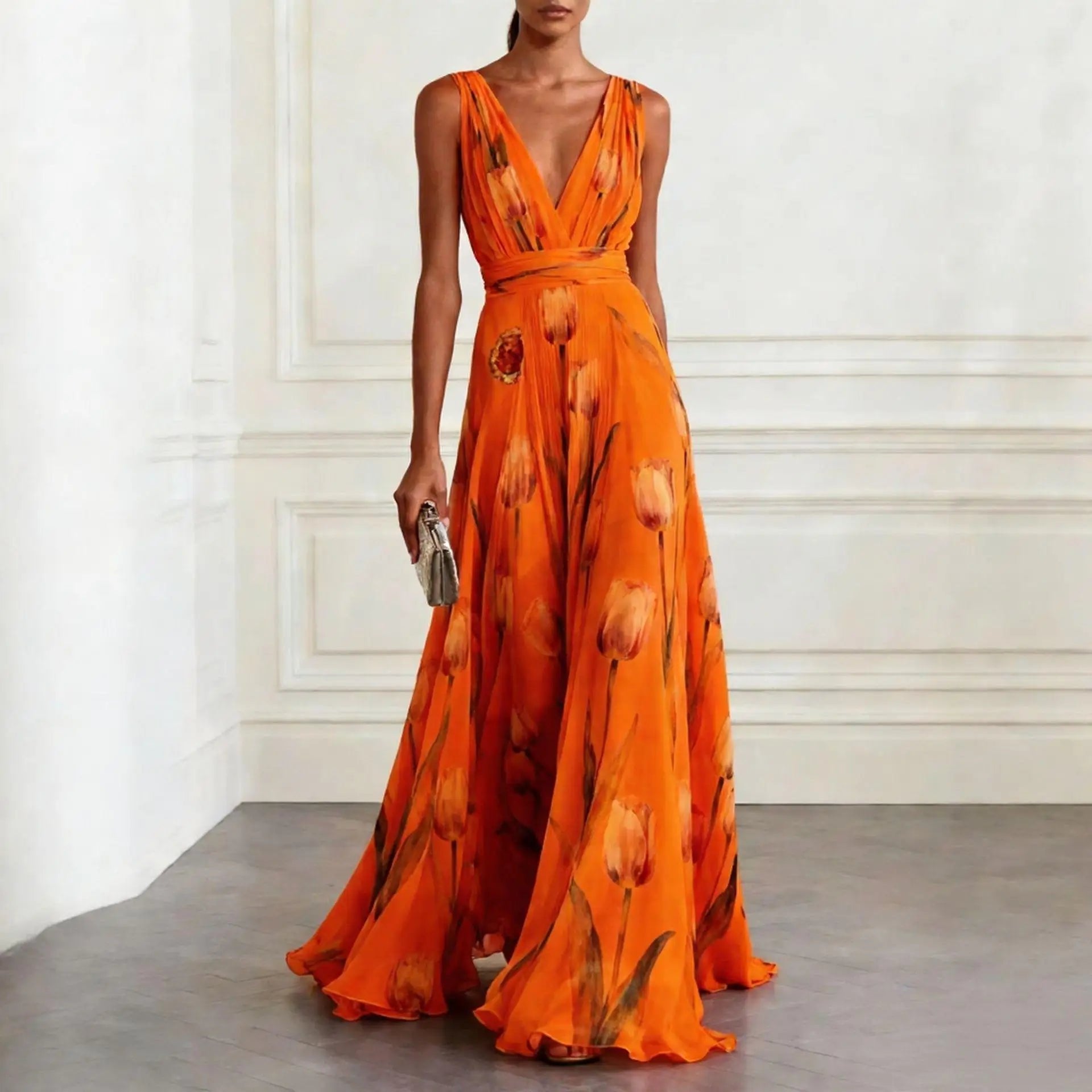 Women’s Floral Watercolor Maxi Dress in Chiffon with V-Neck and Sash Waist for Weddings 4