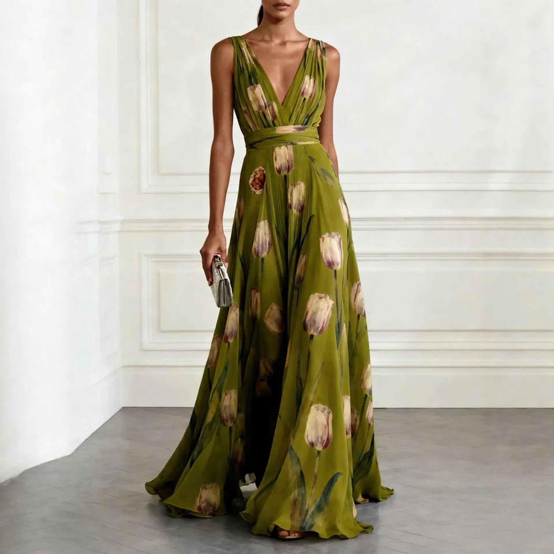 Women’s Floral Watercolor Maxi Dress in Chiffon with V-Neck and Sash Waist for Weddings 5