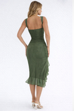 Women’s Formal Ruched Midi Dress with Asymmetric Hem and Front Slit 3