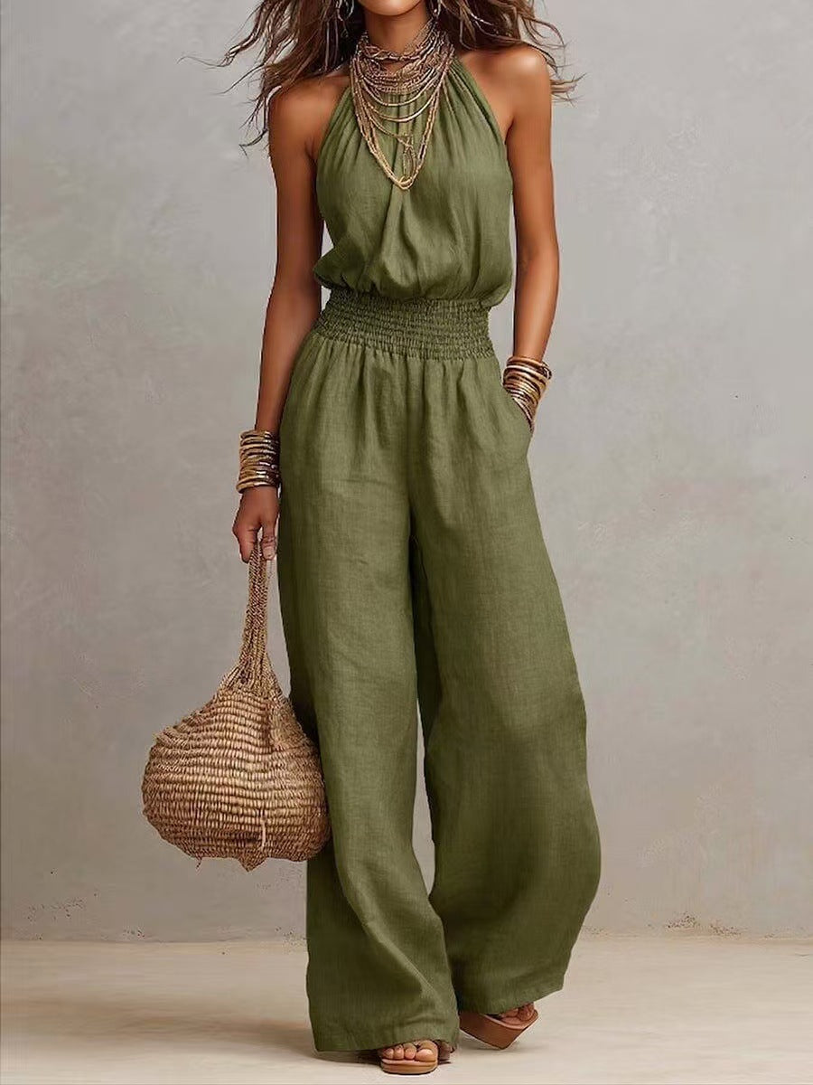 Women’s Halter-Neck Backless Jumpsuit in Solid Color with Wide-Leg Fit 0