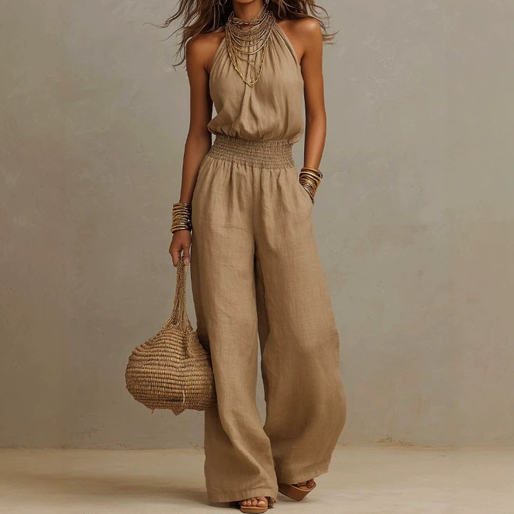 Women’s Halter-Neck Backless Jumpsuit in Solid Color with Wide-Leg Fit 1