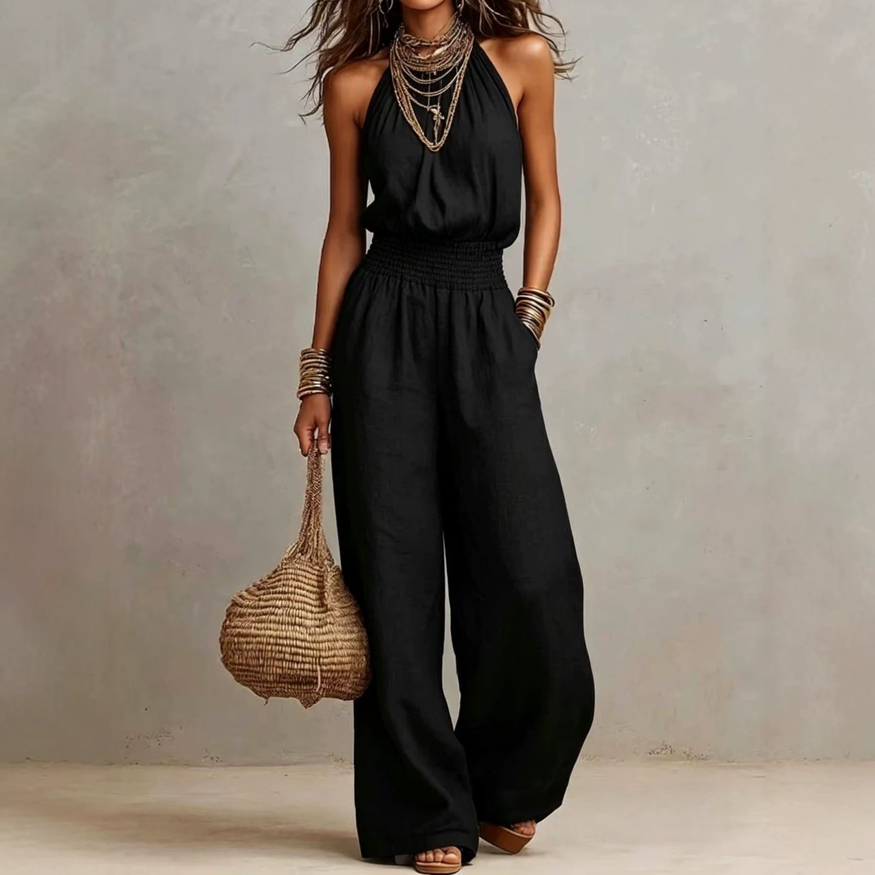 Women’s Halter-Neck Backless Jumpsuit in Solid Color with Wide-Leg Fit 2