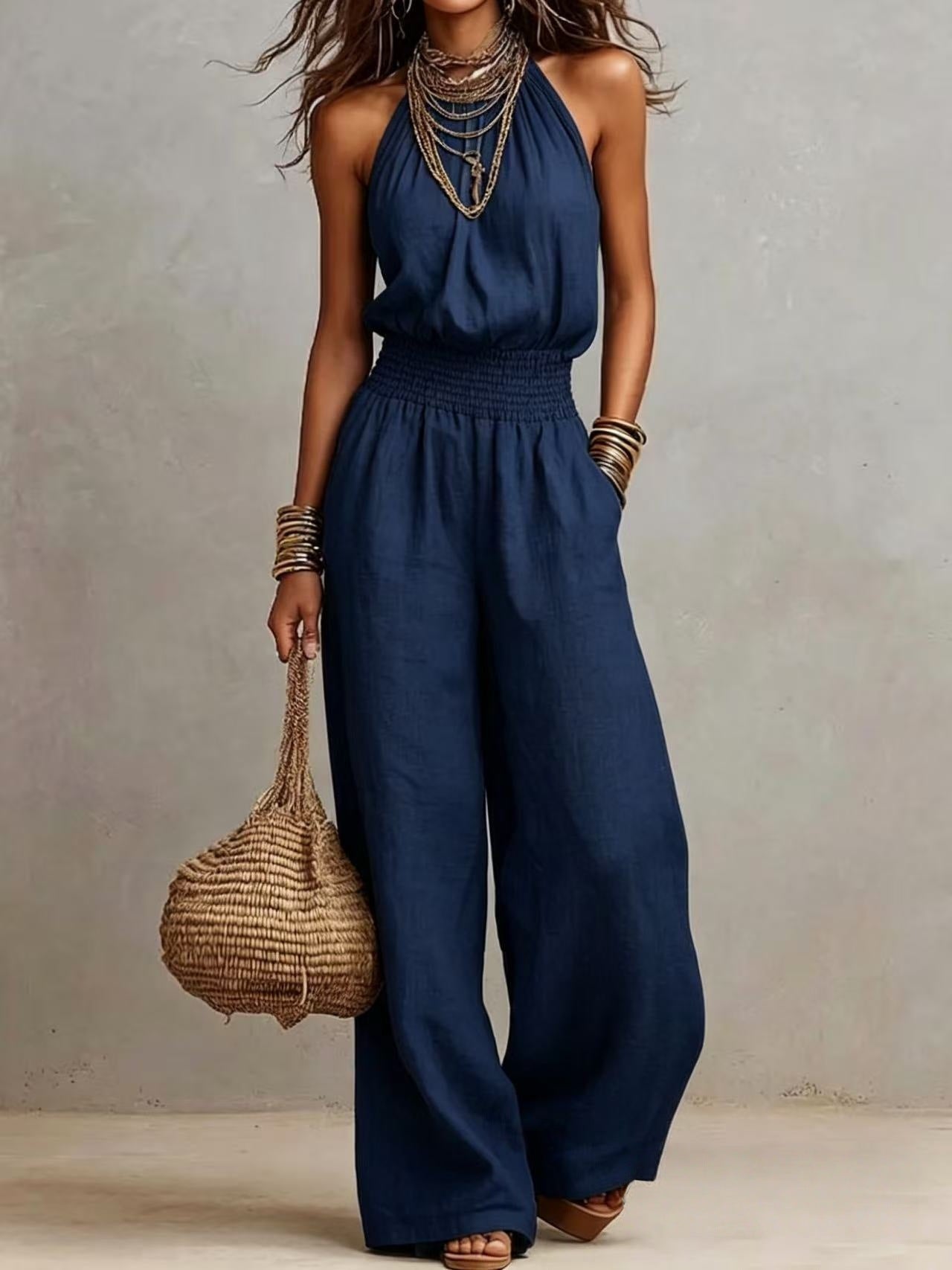 Women’s Halter-Neck Backless Jumpsuit in Solid Color with Wide-Leg Fit 4