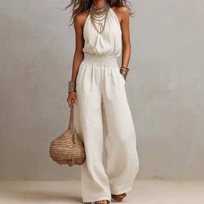 Women’s Halter-Neck Backless Jumpsuit in Solid Color with Wide-Leg Fit 5
