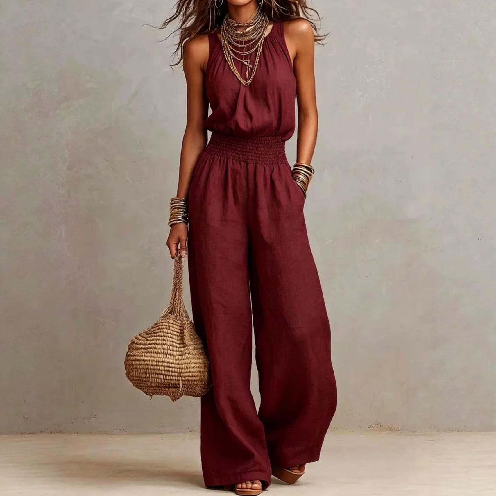 Women’s Halter-Neck Backless Jumpsuit in Solid Color with Wide-Leg Fit 6