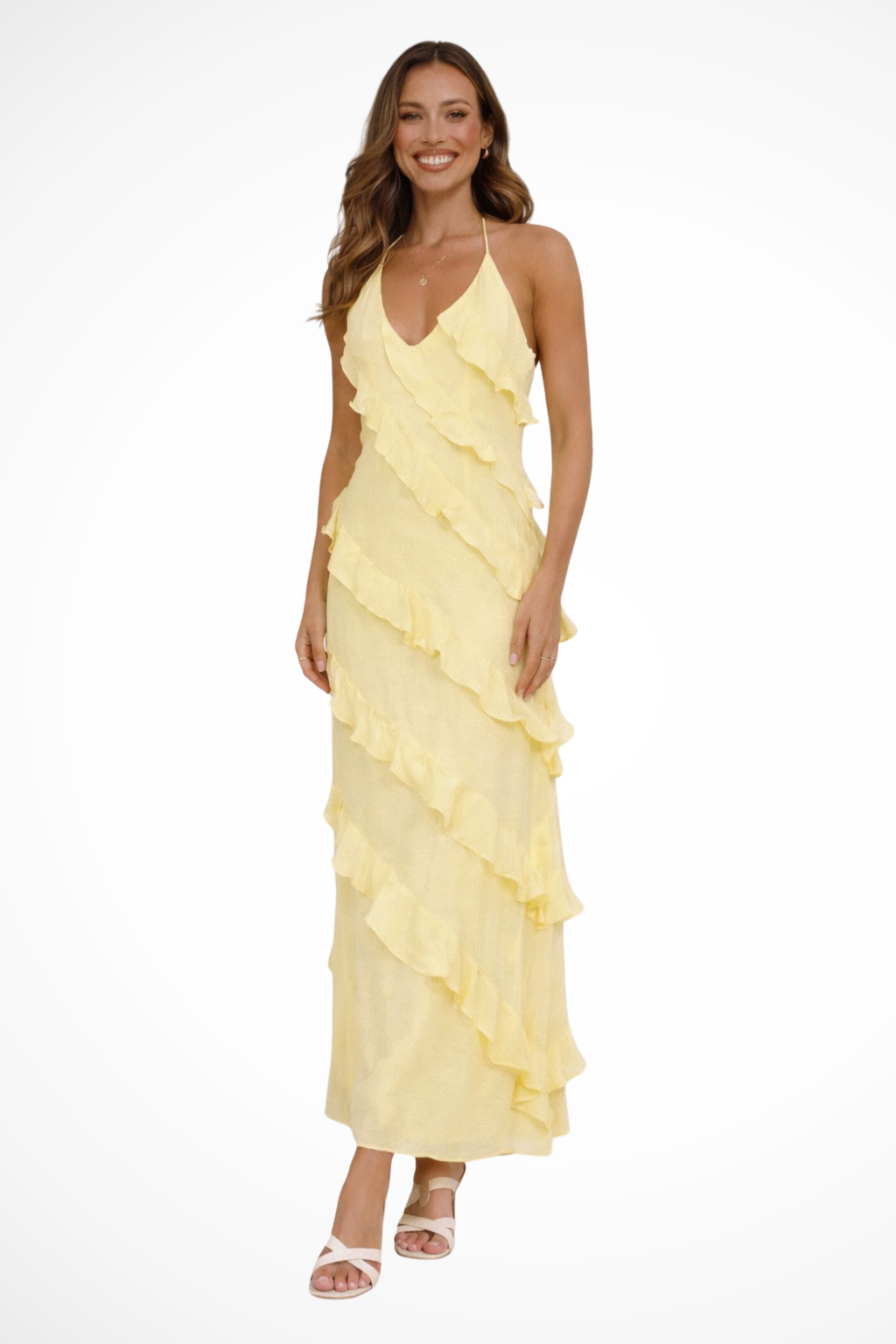 Women’s Halter Neck Maxi Dress with Tiered Ruffle Design for Summer Events 0