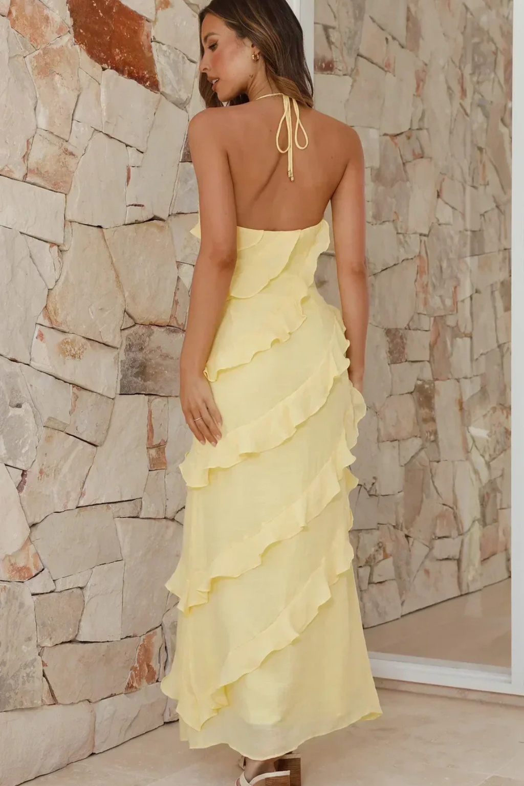 Women’s Halter Neck Maxi Dress with Tiered Ruffle Design for Summer Events 2