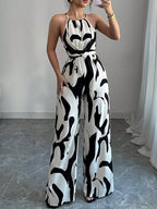 Women's Halter Neck Wide-Leg Jumpsuit in Abstract Print with Self-Tie Waist 0