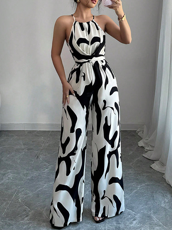 Women's Halter Neck Wide-Leg Jumpsuit in Abstract Print with Self-Tie Waist 0