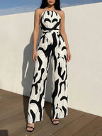 Women's Halter Neck Wide-Leg Jumpsuit in Abstract Print with Self-Tie Waist 1