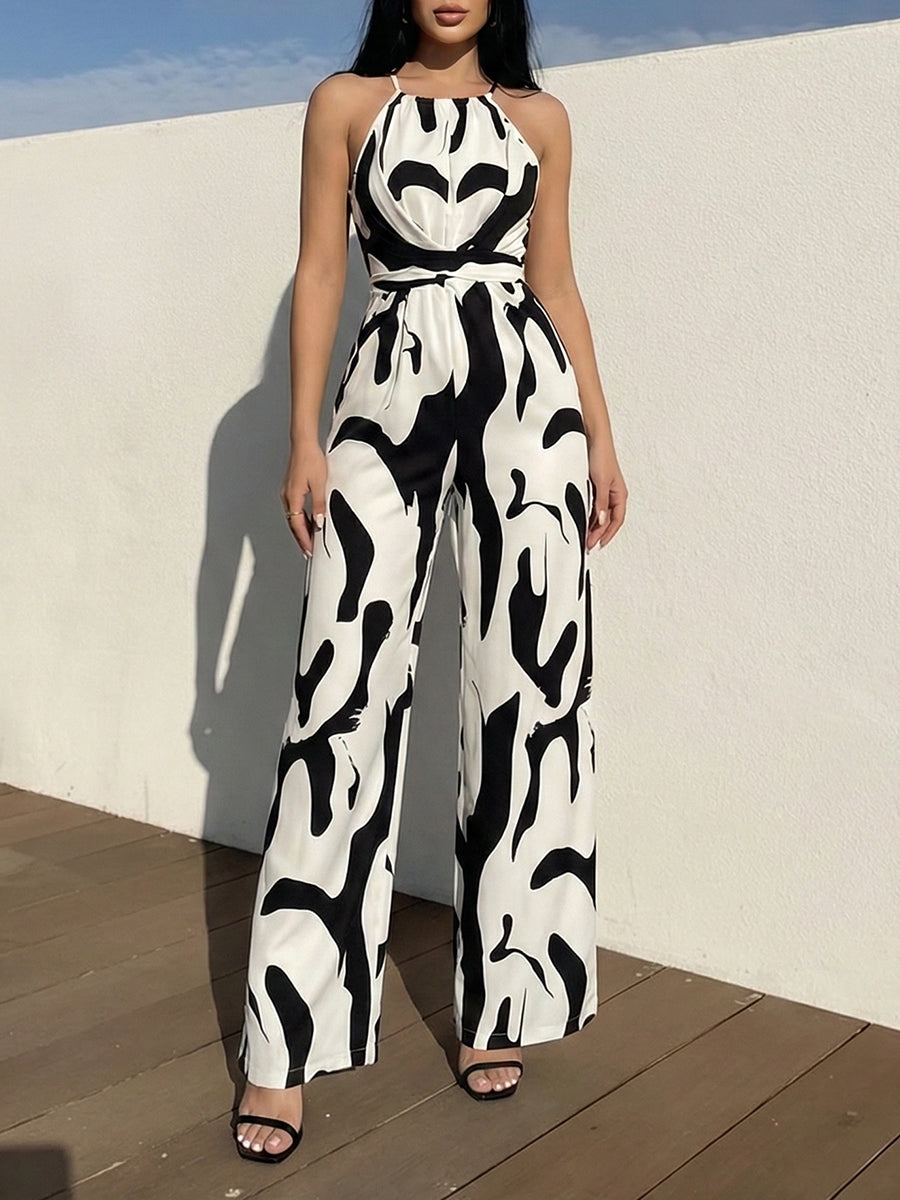 Women's Halter Neck Wide-Leg Jumpsuit in Abstract Print with Self-Tie Waist 1