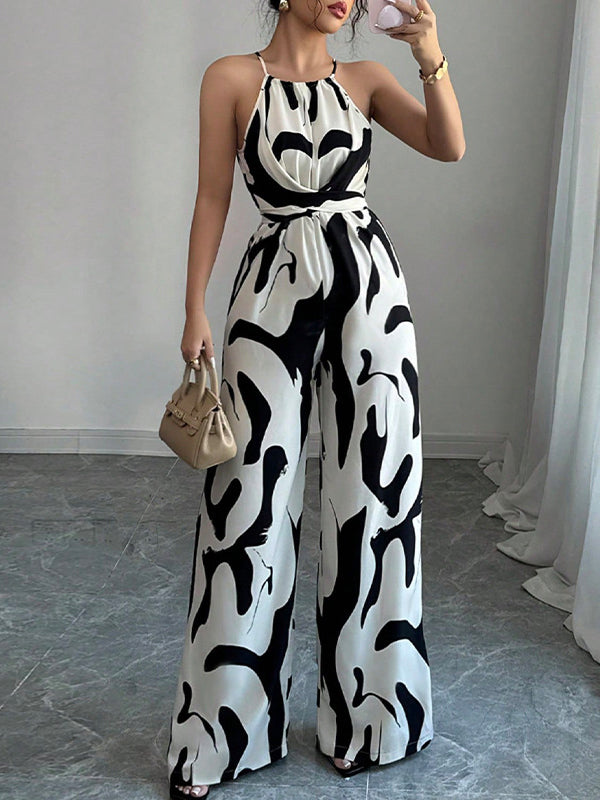 Women's Halter Neck Wide-Leg Jumpsuit in Abstract Print with Self-Tie Waist 2