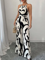 Women's Halter Neck Wide-Leg Jumpsuit in Abstract Print with Self-Tie Waist 3