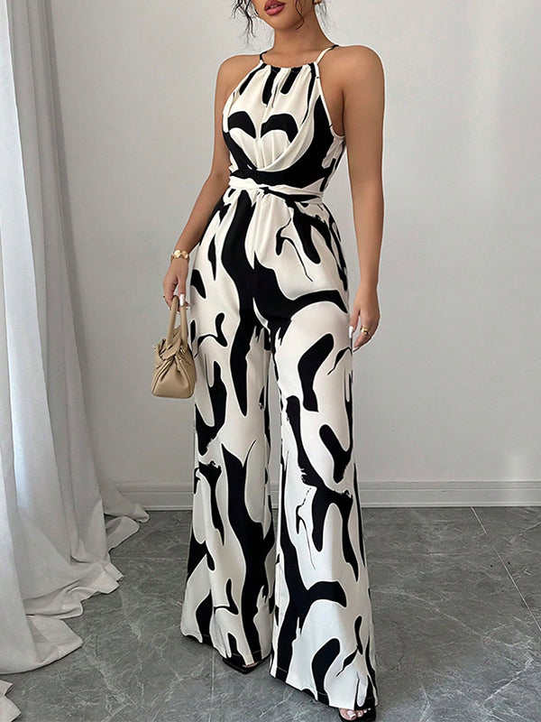 Women's Halter Neck Wide-Leg Jumpsuit in Abstract Print with Self-Tie Waist 3