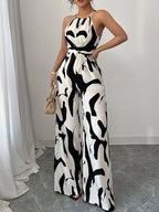 Women's Halter Neck Wide-Leg Jumpsuit in Abstract Print with Self-Tie Waist 4