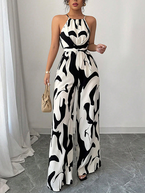 Women's Halter Neck Wide-Leg Jumpsuit in Abstract Print with Self-Tie Waist 5