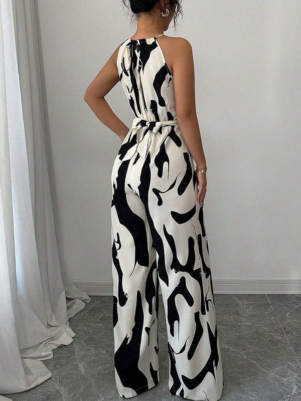 Women's Halter Neck Wide-Leg Jumpsuit in Abstract Print with Self-Tie Waist 6