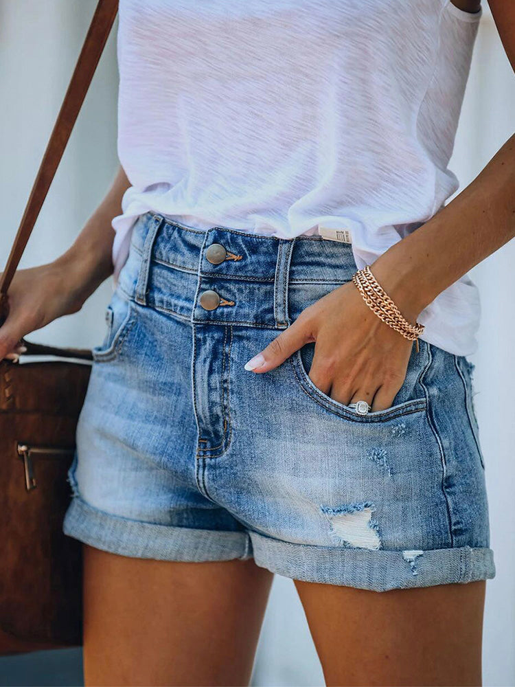 Women’s High-Waisted Denim Shorts with Distressed Design and Double Button Cuffs 5