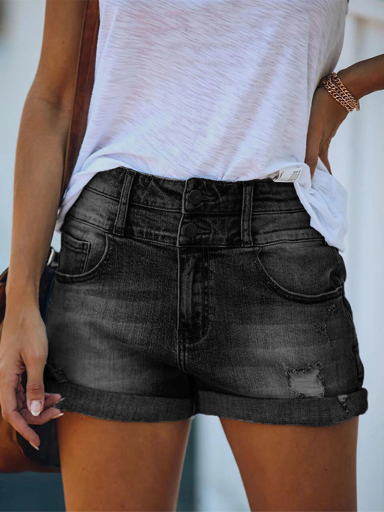 Women’s High-Waisted Denim Shorts with Distressed Design and Double Button Cuffs 6