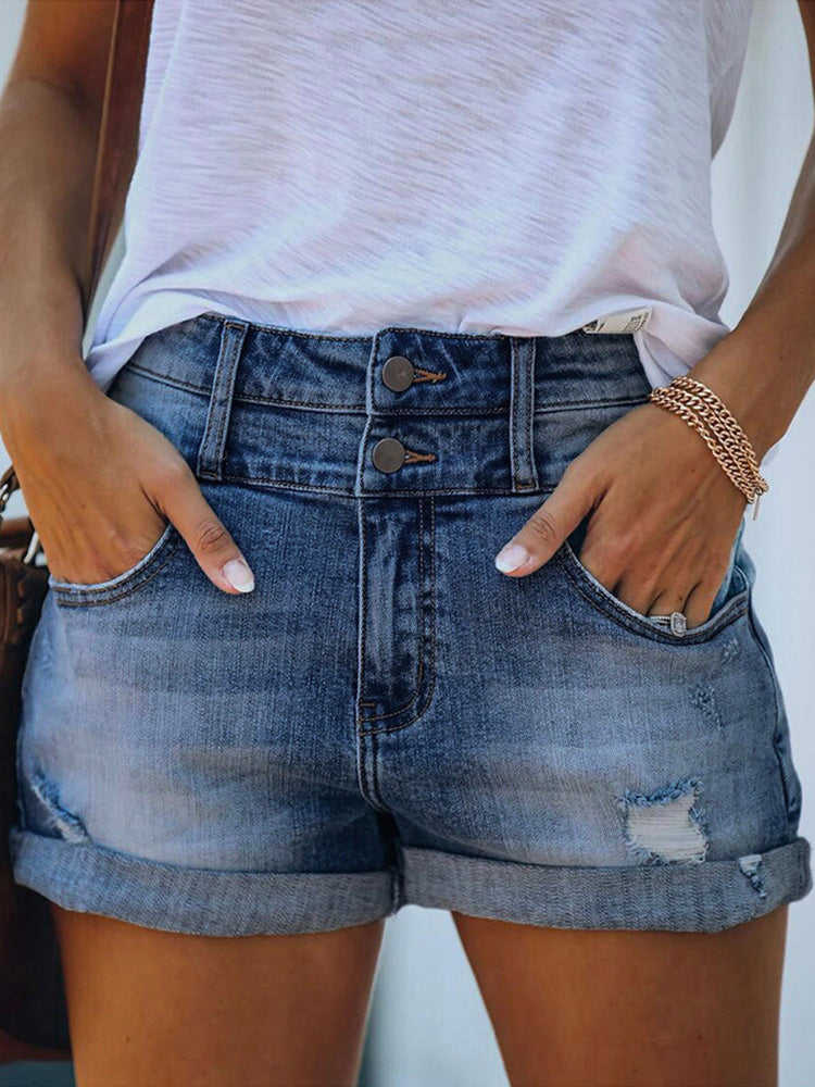 Women’s High-Waisted Denim Shorts with Distressed Design and Double Button Cuffs 7