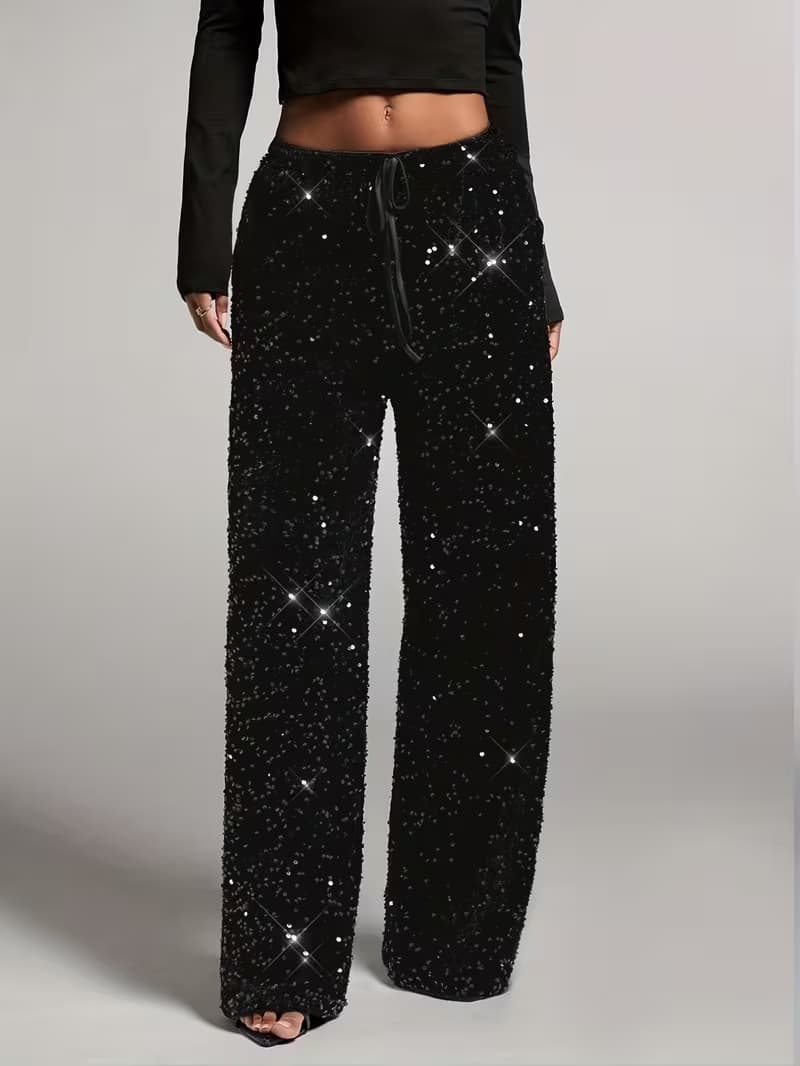 Women’s High Waist Sequin Palazzo Pants with Wide Leg Flowy Design 0